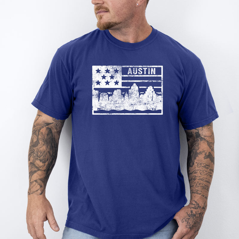 Austin Texas Americana Style Design on a Comfort Color 1717 China Blue t-shirt