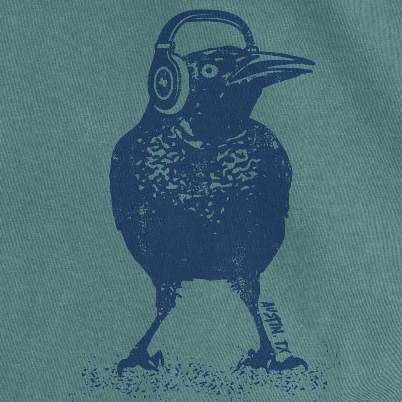 Beats Austin T-shirt, design is grackle wearing headphones, Comfort Colors 1717 Blue Spruce tee