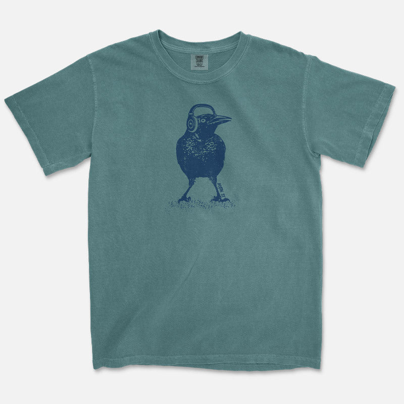 Beats Austin T-shirt, design is grackle wearing headphones, Comfort Colors 1717 Blue Spruce tee