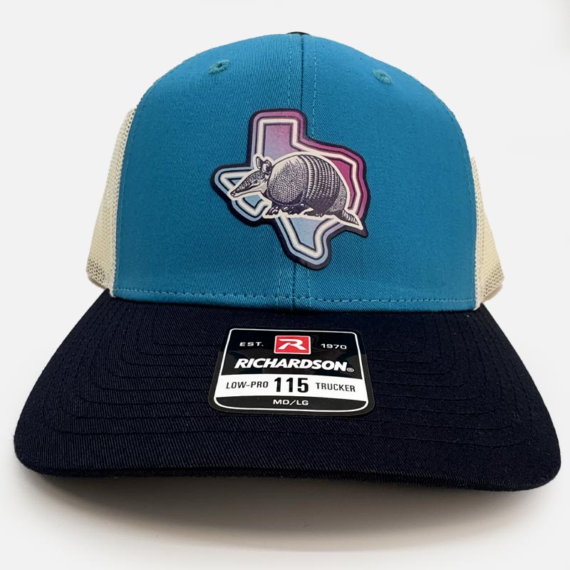 Armadillo Texas Trucker Hat, Richardson - Low Pro Trucker Cap - 115, Blue Teal/Birch/Navy