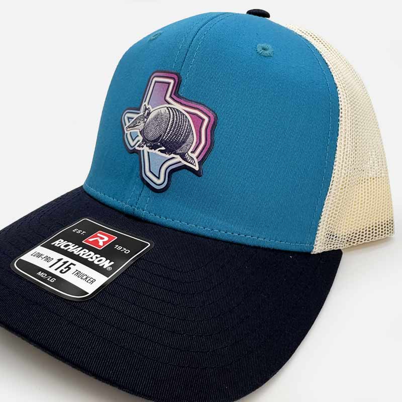 Armadillo Texas Trucker Hat, Richardson - Low Pro Trucker Cap - 115, Blue Teal/Birch/Navy