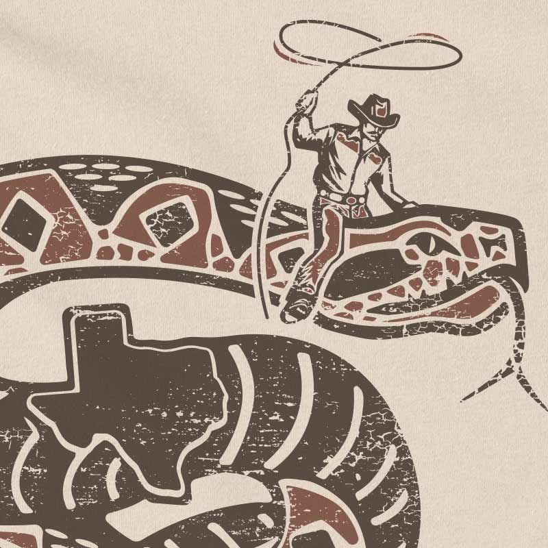 Rattler Wrangler T-shirt, cowboy riding a texas rattlesnake