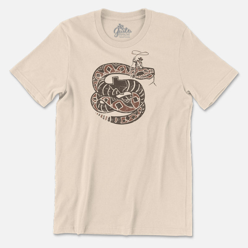 Rattler Wrangler T-shirt, cowboy riding a texas rattlesnake