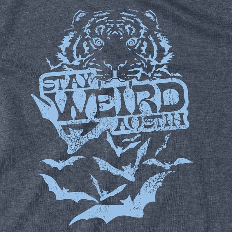 Stay Weird Austin Texas T-shirt with tiger, bats and stay weird Austin graphic