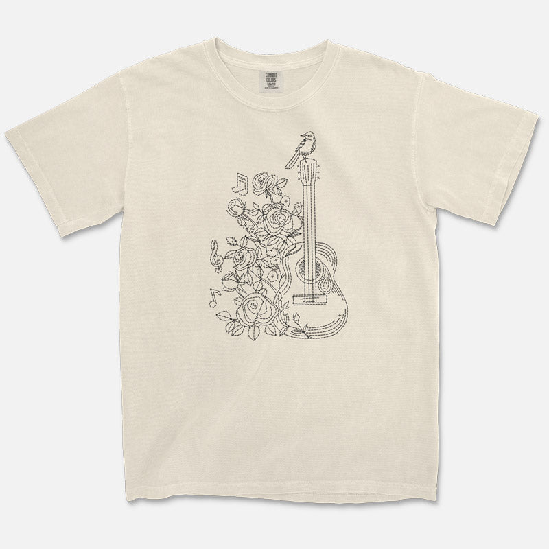 Stitch styled design featuring a guitar, bird and roses on a Comfort Colors 1717 Ivory T-shirt