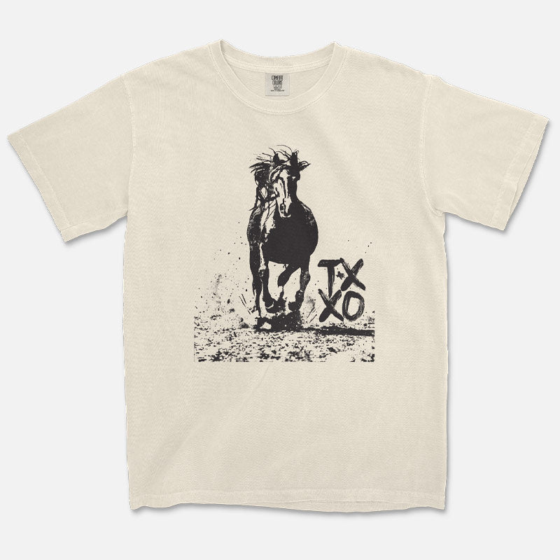 Bold Texas horse galloping with TXXO logo