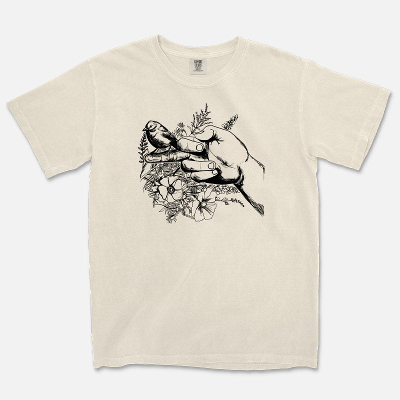 The Bird T-shirt featuring bird and flower background, Comfort Colors Ivory t-shirt